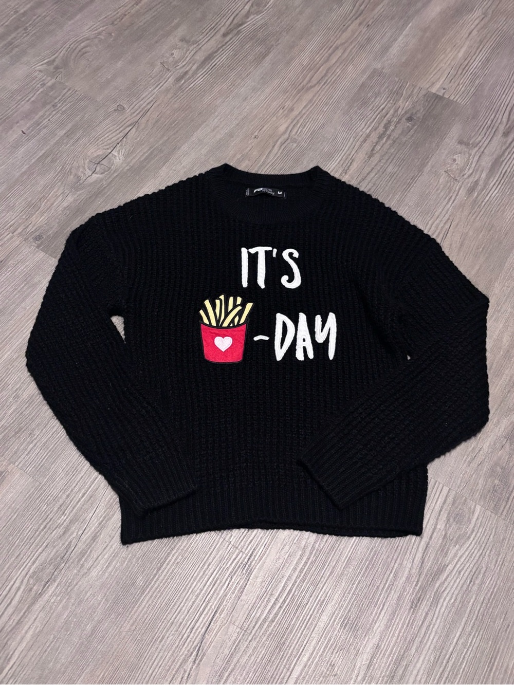 Kids Black Graphic Knit Sweater with Fry Motif